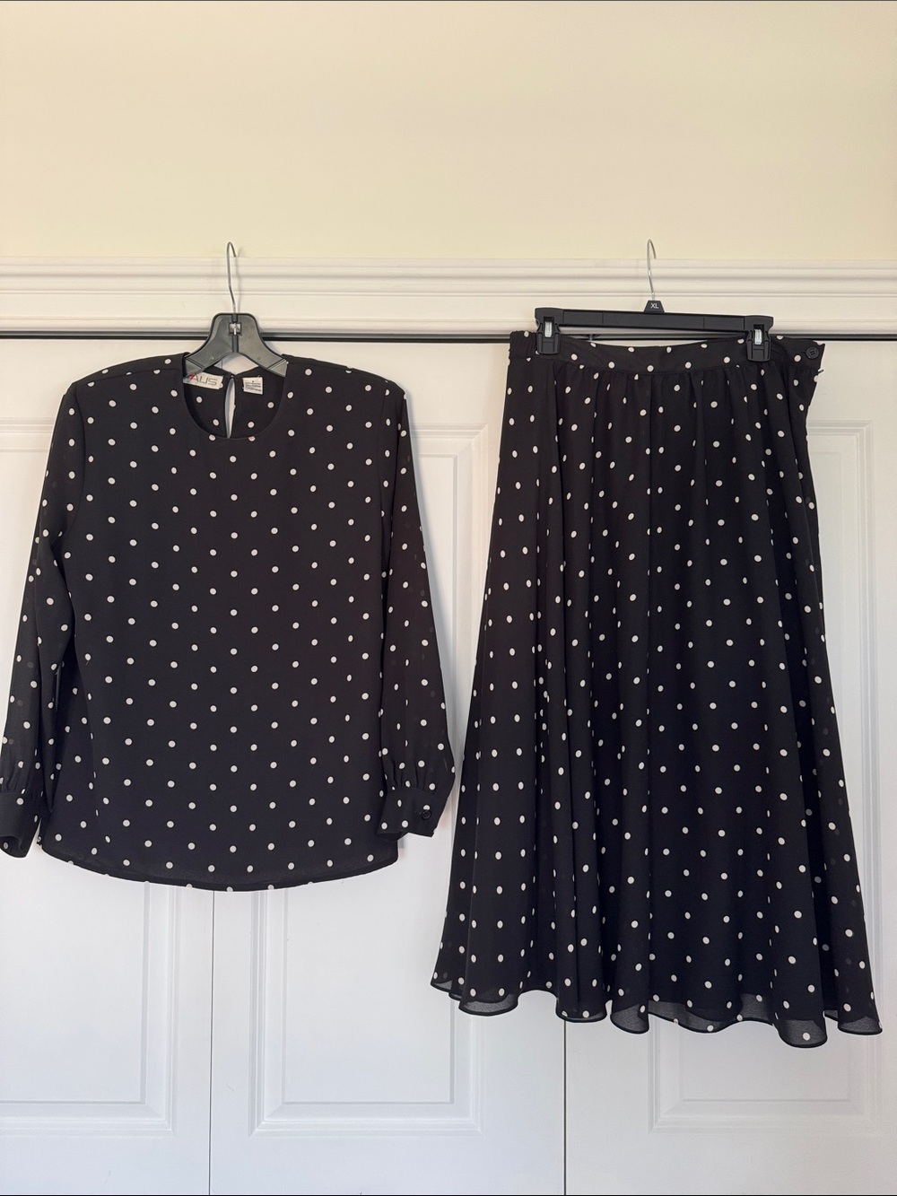 Chaus Black Midi Skirt and top with White Polka Dots